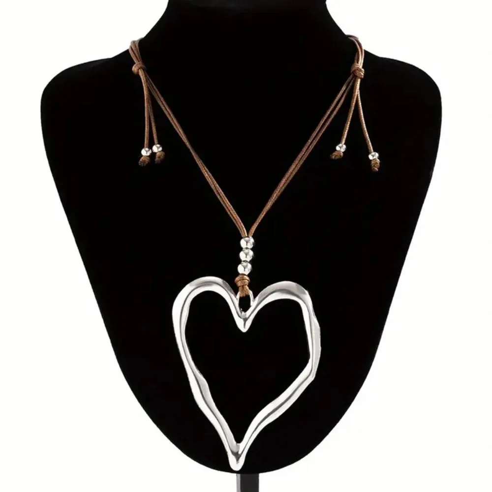 Boho Hammered Silver Heart Necklace | Rustic Cord Pendant C2
